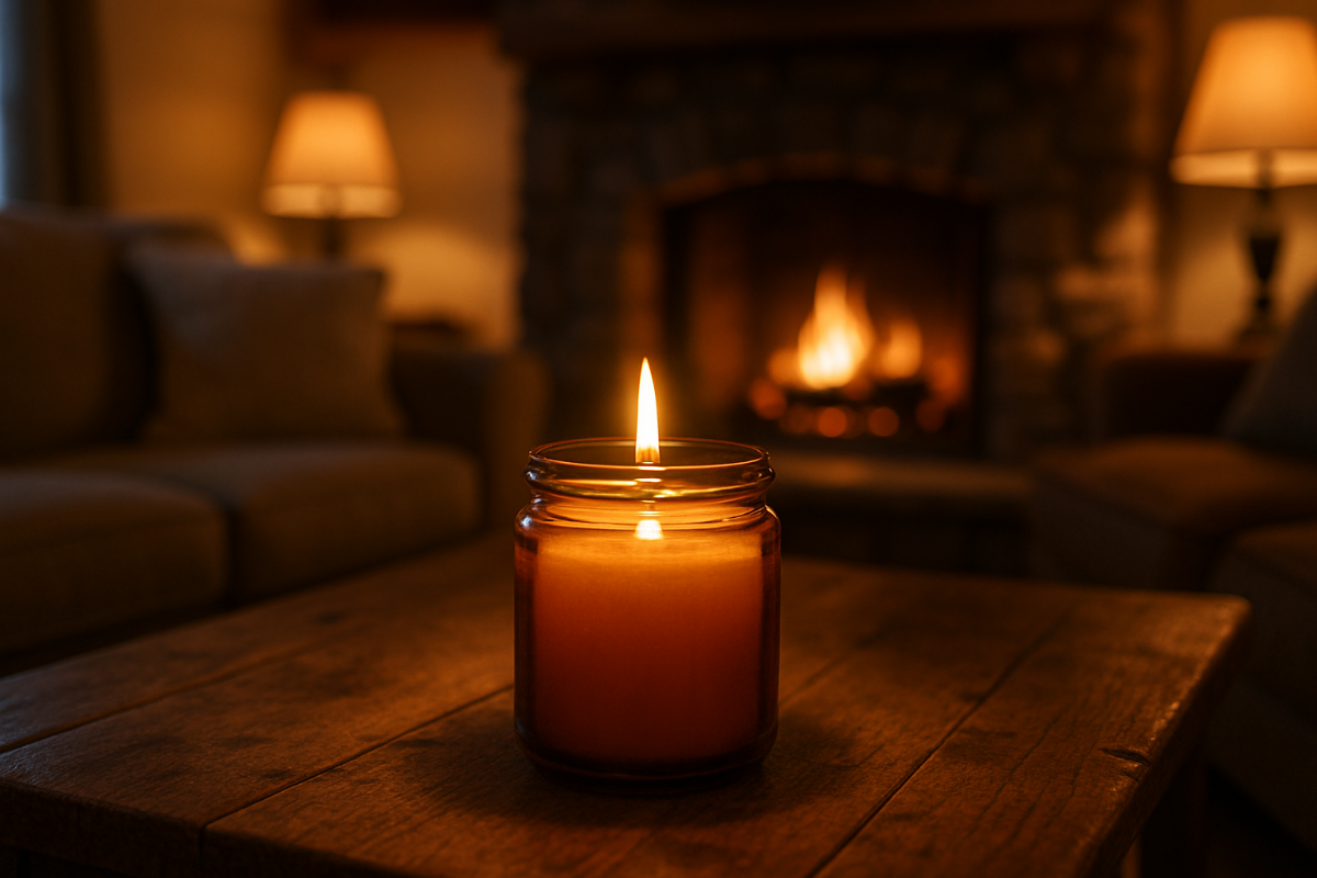 a lit candle in an amber colored jar sitting on a coffee table in a cozy living room with a fire-lit fireplace in the background