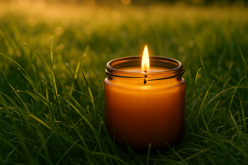 amber colored candle jar sitting in a field of grass
